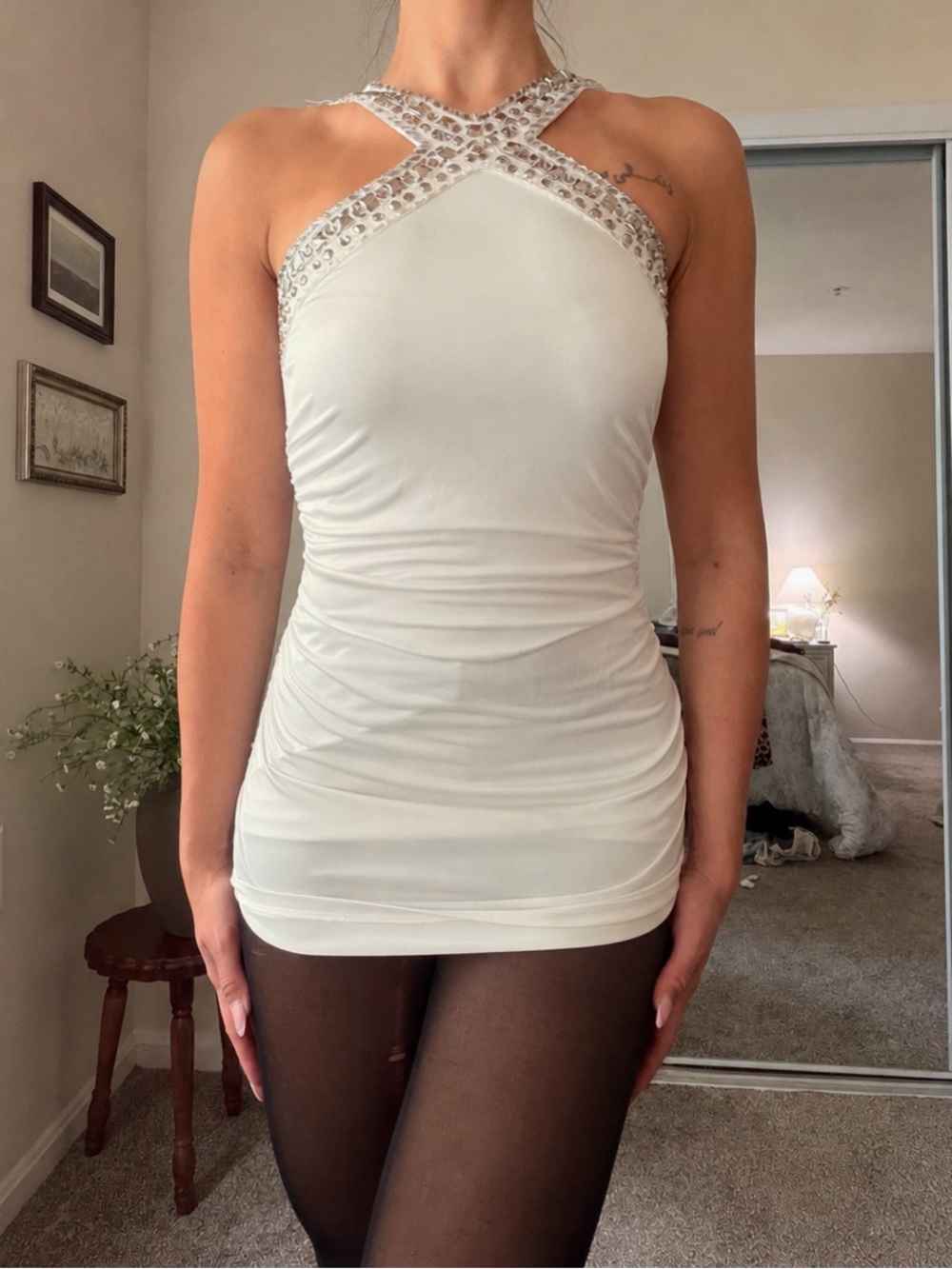 Caché 2000’s white ruched mini dress/tunic top